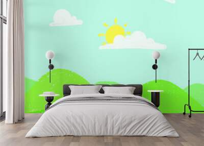 Wax crayon kid`s hand drawn mountains with blue sky ,child`s drawn set. kid`s painting spring and summer meadow. Vector pastel chalk background banner. Wall mural